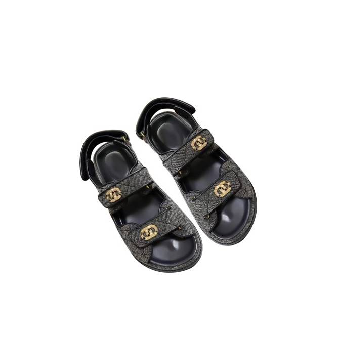 CHANEL VELVET DAILY CASUAL SANDALS FOR WOMEN BLACK & GRAY 